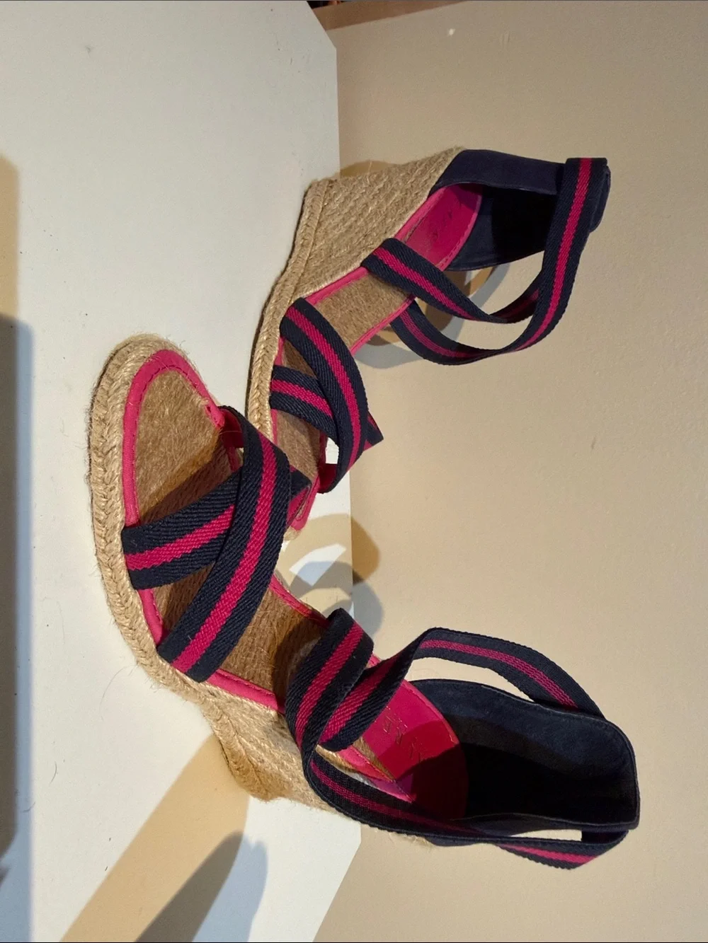 Lauren Ralph Lauren Navy and Pink Striped Wedge Espadrilles